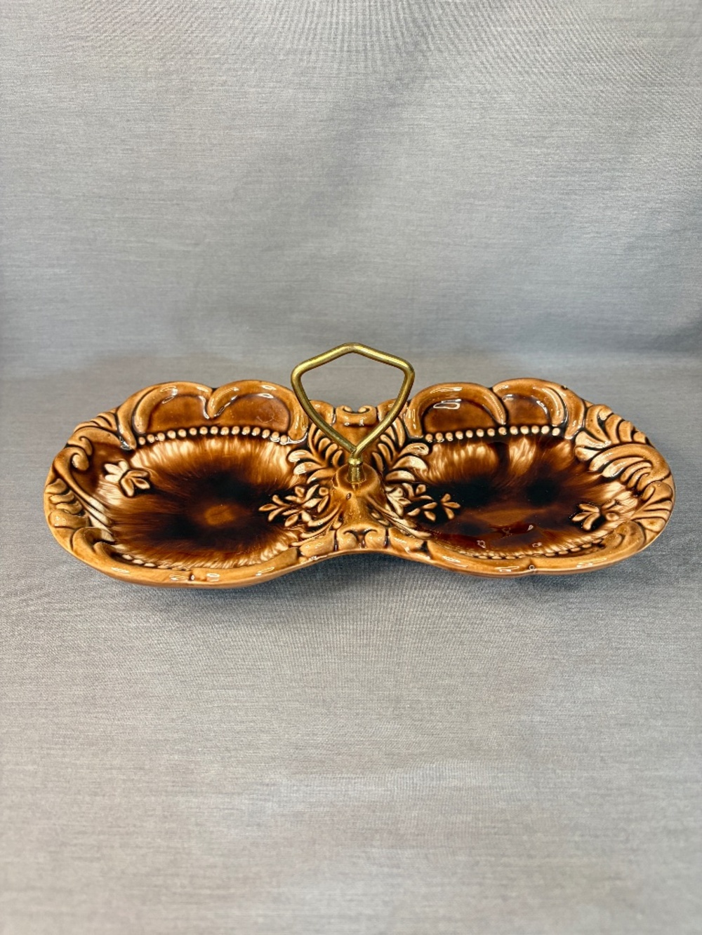 MCM Vintage Ceramic Double Nut Candy Dish Brown Handle Ornate Japan